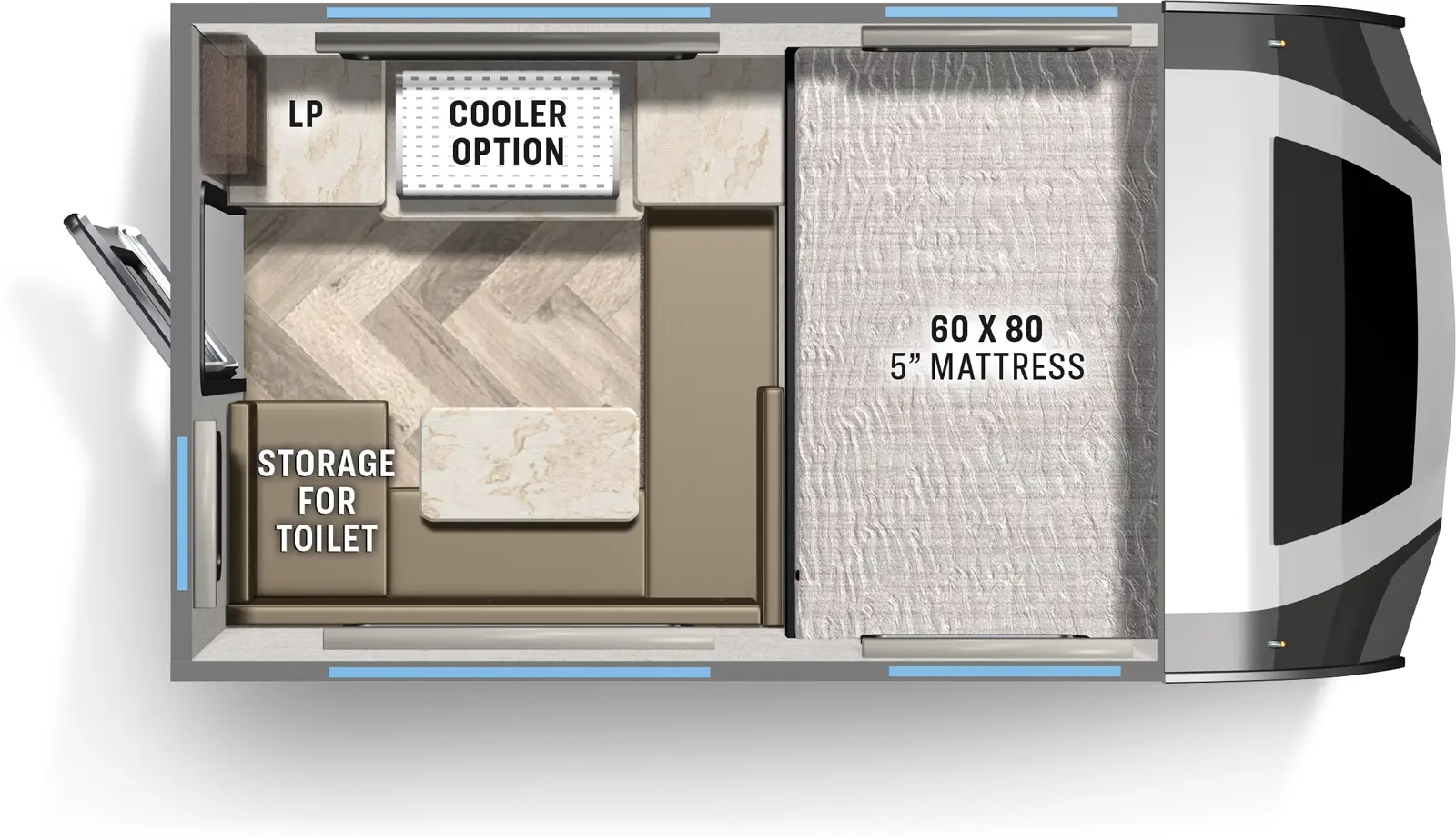 The 780H has zero slideouts and one entry. Interior layout front to back: side-facing 5 inch mattress; door side table with seating that wraps in front of bed, and storage for toilet; off-door side counter space with cooler option and LP; rear entry.